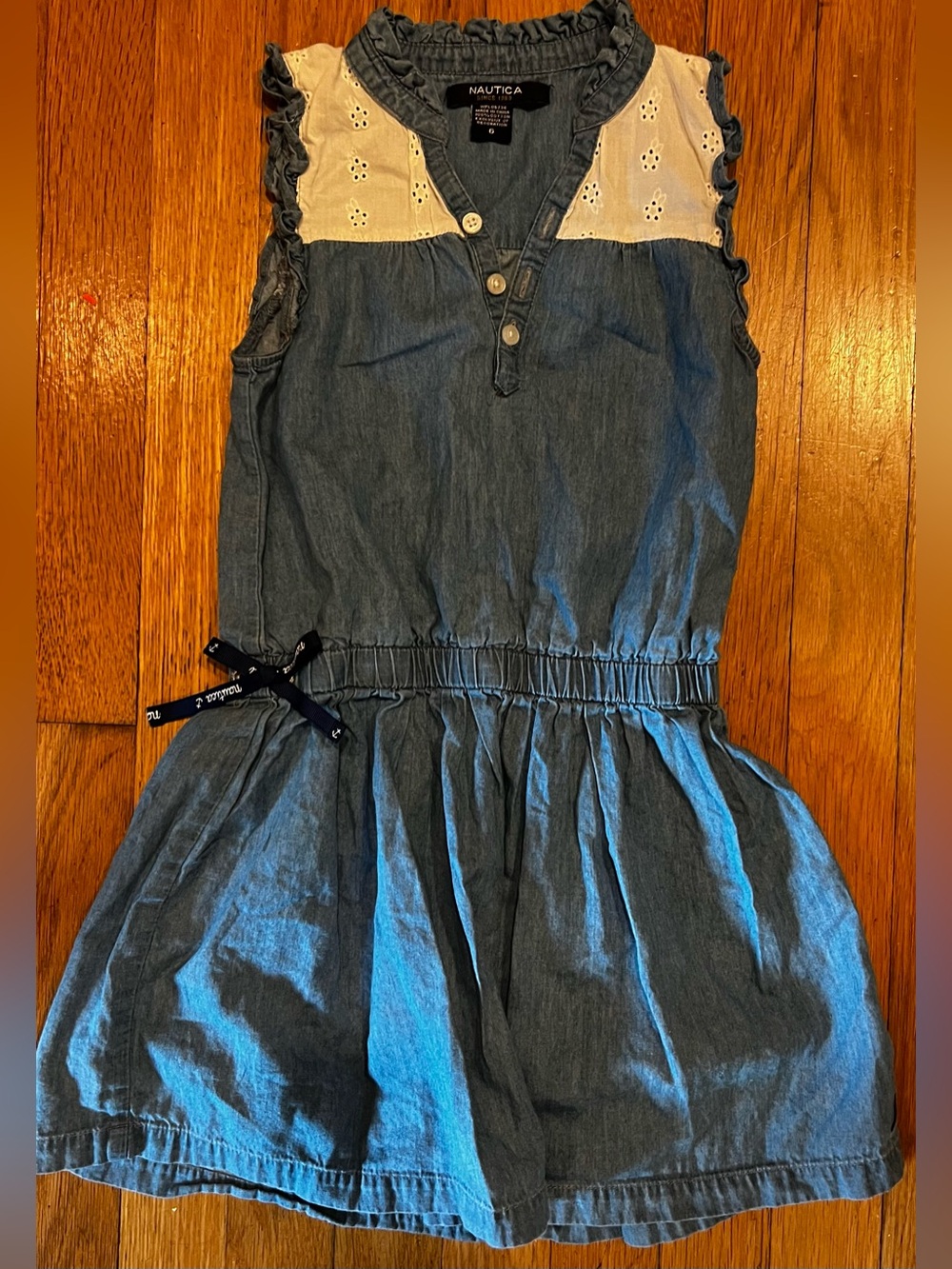 Nautica Girls Blue Chambray Sleeveless Dress with Cream Eyelet Yoke